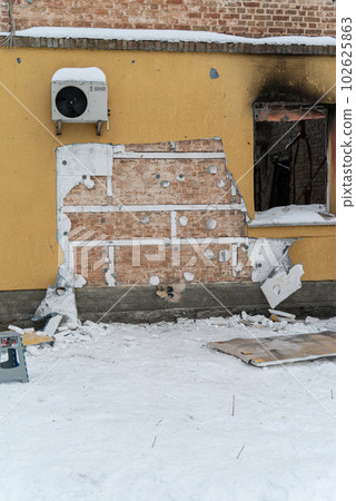 GOSTOMEL, UKRAINE - DECEMBER 02, 2022: Gostomel, Ukraine - crime scene after Banksy graffiti theft GOSTOMEL, UKRAINE - DECEMBER 02, 2022: Gostomel, Ukraine - crime scene after Banksy graffiti theft 102625863