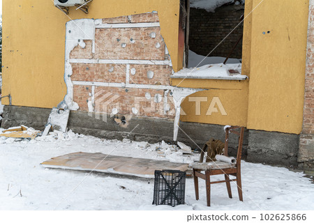 GOSTOMEL, UKRAINE - DECEMBER 02, 2022: Crime scene after Banksy graffiti theft in Gostomel, Ukraine 102625866