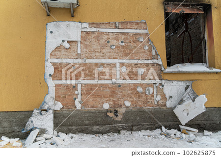 GOSTOMEL, UKRAINE - DECEMBER 02, 2022: Investigation into the theft of Banksy graffiti in Gostomel, Ukraine 102625875