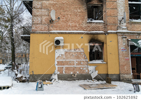 GOSTOMEL, UKRAINE - DECEMBER 02, 2022: Missing Banksy graffiti in Gostomel, Ukraine 102625892