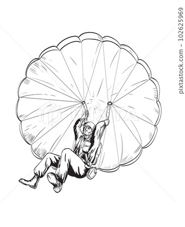 World War Two American GI Soldier Paratrooper Military Parachutist Viewed from Low Angle Comics Style Drawing World War Two American GI Soldier Paratrooper Military Parachutist Viewed from Low Angle Comics Style Drawing 102625969