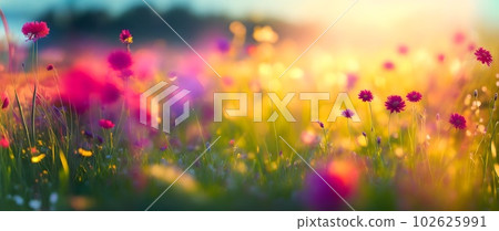 Field of colorful wildflowers at sunrise closeup image. AI generated illustration 102625991