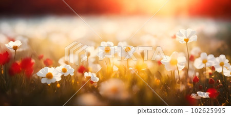 Field of wildflowers at sunset closeup image. AI generated illustration Field of wildflowers at sunset closeup image. AI generated illustration 102625995