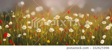 Field of wildflowers closeup image. AI generated illustration Field of wildflowers closeup image. AI generated illustration 102625996