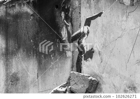 Banksy graffiti on a wall in Borodyanka, Ukraine, black and white photo 102626271