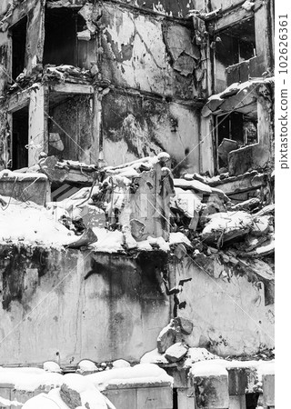 Drawing by artist Banksy in Borodyanka, Ukraine, black and white photo Drawing by artist Banksy in Borodyanka, Ukraine, black and white photo 102626361