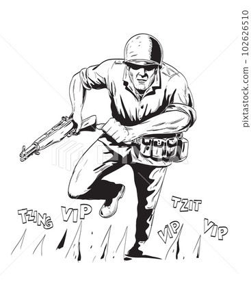 World War Two American GI Soldier Running With Rifle Front View Comics Style Drawing World War Two American GI Soldier Running With Rifle Front View Comics Style Drawing 102626510