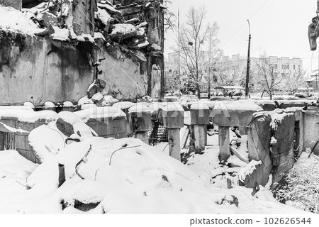Ukraine, Borodyanka - Banksy graffiti on the wall, black and white photo 102626544
