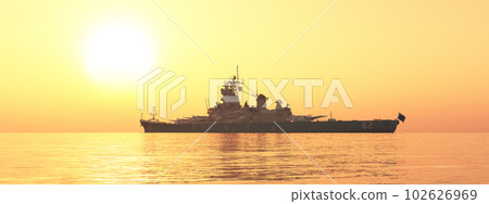 American battleship of World War II at sunset 102626969