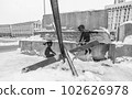 Kyiv, Ukraine - Banksy graffiti on Independence Square, black and white photo 102626978