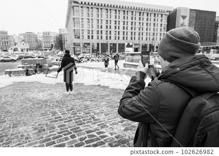 Creativity Banksy in the center of Kyiv, Ukraine on the Maidan, black and white photo Creativity Banksy in the center of Kyiv, Ukraine on the Maidan, black and white photo 102626982