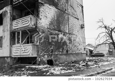IRPIN, UKRAINE - NOVEMBER 29, 2022: Black and white photo of Banksy graffiti in Irpin, Ukraine 102627034