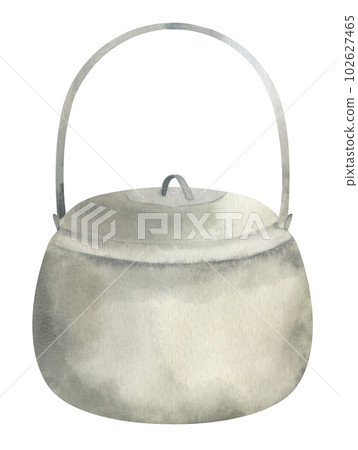 Camping Pot. Hand drawn watercolor illustration of touristic Cauldron for travel or hiking in a forest on isolated background. Drawing of metal equipment for camp cooking in expedition. Sketch. 102627465
