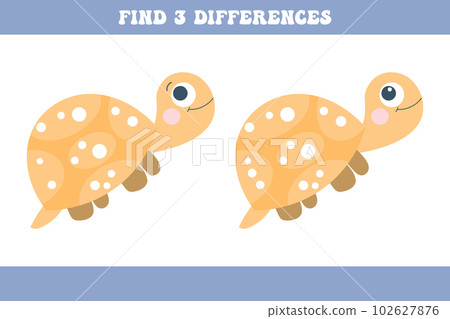 Find 5 differences between two cartoon sea turtles. Children's logic game, educational puzzle, vector Find 5 differences between two cartoon sea turtles. Children's logic game, educational puzzle, vector 102627876
