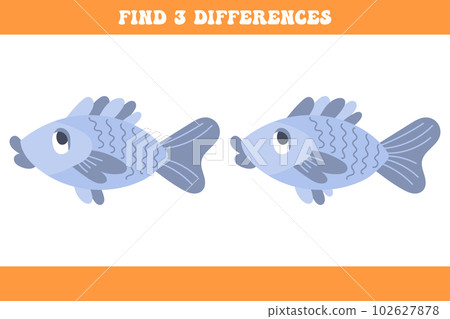 Find 5 differences between two cartoon fish. Children's logic game, educational puzzle, vector 102627878