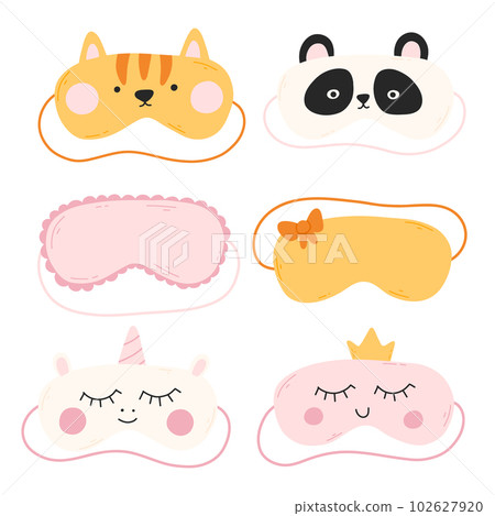 Set of sleep masks in flat style. Collection of hand drawn masks. Vector illustration. Iasca for sleeping with a cat, panda, unicorn. Set of sleep masks in flat style. Collection of hand drawn masks. Vector illustration. Iasca for sleeping with a cat, panda, unicorn. 102627920