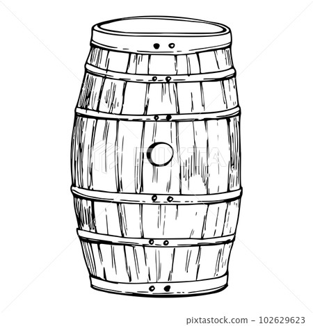 Ink hand drawn vector sketch of isolated object. Wooden barrel side and top view for storing liquor whisky whiskey sherry beer. Design for tourism, travel, brochure, guide, print, card, tattoo, menu. 102629623