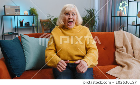 Excited senior grandmother woman on sofa watching interesting TV serial, sport game online at home 102630157