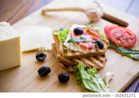 fried toasts with mozzarella, lettuce and tomatoes with herbs 102631271