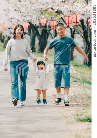 Photo of a family walking under a cherry tree Photo of a family walking under a cherry tree 102631893