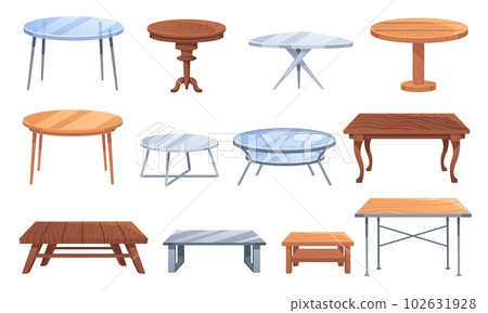 Cartoon table. Wooden, metal and glass cafe and home decor furniture. Dining kitchen desk, restaurant and coffee tables vector illustration set Cartoon table. Wooden, metal and glass cafe and home decor furniture. Dining kitchen desk, restaurant and coffee tables vector illustration set 102631928