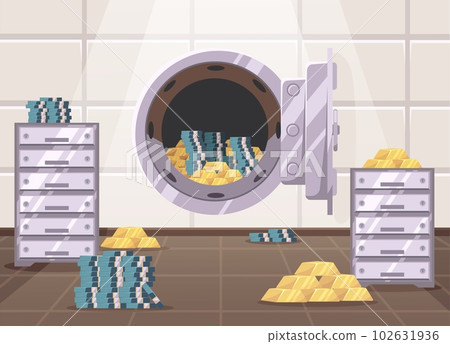 Cartoon bank vault. Gold and currency reserve, safe room entrance with open metal door vector background illustration Cartoon bank vault. Gold and currency reserve, safe room entrance with open metal door vector background illustration 102631936