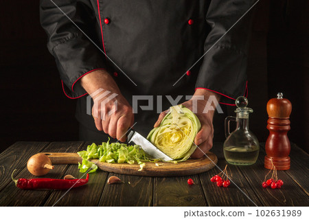 Chef cuts fresh cabbage with knife for salad on a kitchen table with fresh vegetables. Cooking and restaurant or hotel concept. Vegetarian cuisine. Chef cuts fresh cabbage with knife for salad on a kitchen table with fresh vegetables. Cooking and restaurant or hotel concept. Vegetarian cuisine. 102631989