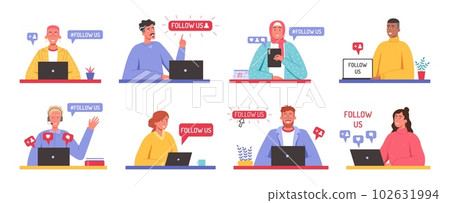 Follow us. Creative social media badges with offer message to subscribe or join community and cartoon character vector illustration set 102631994