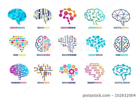 Brain emblem template. Smart assistant, ai and human brains, neural engine and creative mind vector icons set 102632004