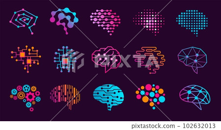 Human brain. Innovation thinking emblem, artificial Intelligence, neural engine and mind research vector icons set Human brain. Innovation thinking emblem, artificial Intelligence, neural engine and mind research vector icons set 102632013