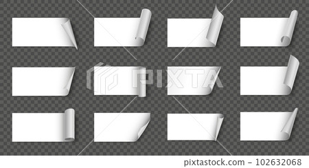 Paper stickers with curled corner. White tape with turned up bent corner, note label with rolled edge vector template set 102632068