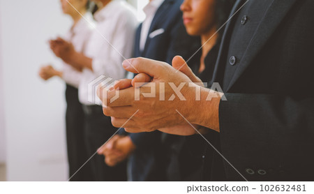 Happy business employees team celebrating success with praise in meeting room Happy business employees team celebrating success with praise in meeting room 102632481