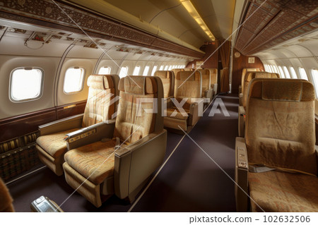 An aerial view of the interior of a commercial airplane, highlighting the comfort and convenience of air travel AI Generative. 102632506