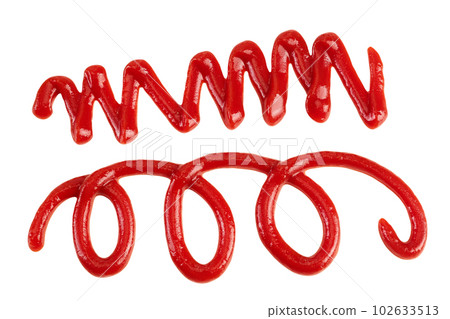 Red tomato sauce or ketchup isolated on white background . Top view. Flat lay Red tomato sauce or ketchup isolated on white background . Top view. Flat lay 102633513