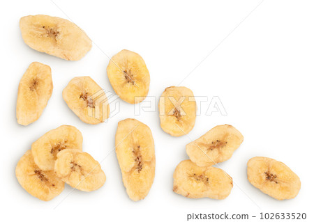 Dried banana chips isolated on white background with full depth of field. Top view with copy space for your text. Flat lay Dried banana chips isolated on white background with full depth of field. Top view with copy space for your text. Flat lay 102633520