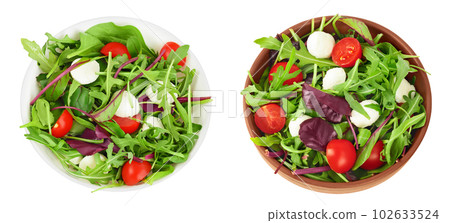 Mix salad - arugula, spinach, chard, cherry tomatoes and mozzarella in the bowl isolated on white background. Top view. Flat lay Mix salad - arugula, spinach, chard, cherry tomatoes and mozzarella in the bowl isolated on white background. Top view. Flat lay 102633524