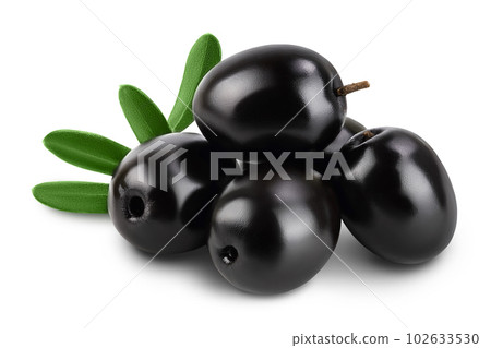 Black olives with leaves isolated on a white background with full depth of field. 102633530