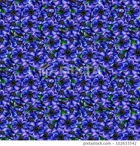 Hand drawn watercolor seamless pattern flowers violet anemone on white background. Spring floral botanical illustration isolated for greeting cards, wedding invitation, birthday and mothers day cards. 102633542