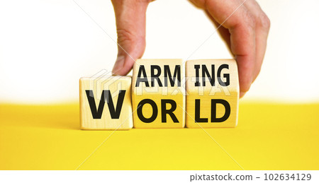 Warming world symbol. Concept words Warming world on wooden cubes. Beautiful yellow table white background. Businessman hand. Business, ecological and warming world concept. Copy space. 102634129