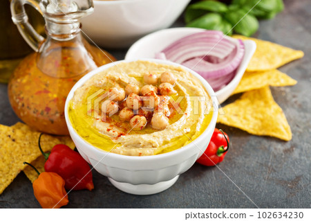 Homemade hummus in a white bowl Homemade hummus in a white bowl 102634230