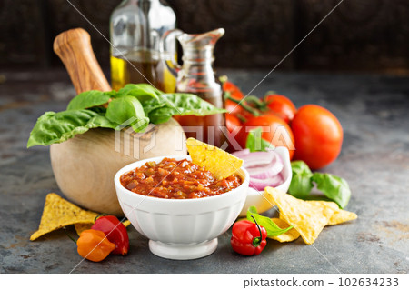 Homemade spicy tomato salsa with vegetables and olive oil 102634233