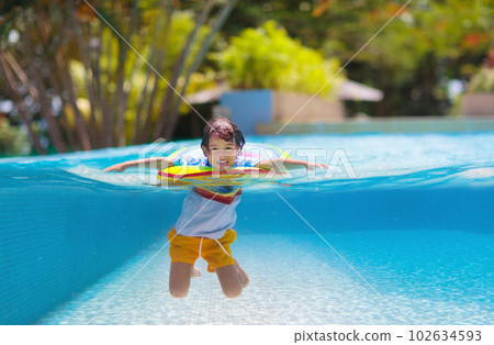 Child in swimming pool on toy ring. Kids swim. Child in swimming pool on toy ring. Kids swim. 102634593