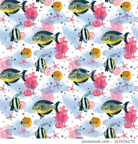 Seamless pattern. Tropical fishes of bright colors, pink stars, corals and blue spots, hand-drawn in watercolor on a white background. Suitable for printing on fabric, paper, design and scrapbooking 102636270