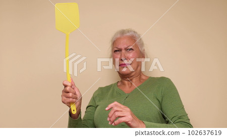 An elderly European woman is trying to catch a mosquito with a fly swatter 102637619