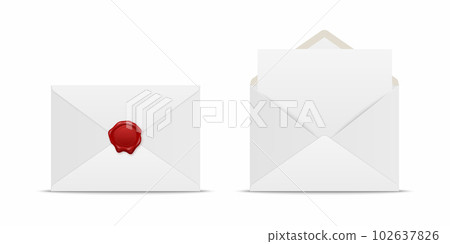 Vector Realistic White Closed Envelope with Red Wax Seal and Opened Envelope with Letter Inside. Folded and Unfolded White Envelope Icon Set Isolated. Message, Alert, Surprise, Secret Concept Vector Realistic White Closed Envelope with Red Wax Seal and Opened Envelope with Letter Inside. Folded and Unfolded White Envelope Icon Set Isolated. Message, Alert, Surprise, Secret Concept 102637826