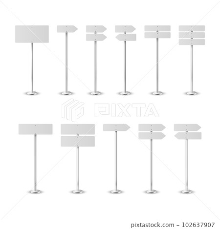 Vector 3d Realistic White Empty Blank Green Road Warning Direction Sign Icon Set Closeup Isolated. Danger Warning Signs Collection, Traffic Template. Front View Vector 3d Realistic White Empty Blank Green Road Warning Direction Sign Icon Set Closeup Isolated. Danger Warning Signs Collection, Traffic Template. Front View 102637907