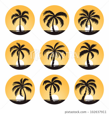 Vector Palm Trees, Palm Tree Icon Set Isolated. Palm Silhouettes on Sunset Background. Design Template for Tropical, Vacation, Beach, Summer Concept. Vector Illustration. Front View Vector Palm Trees, Palm Tree Icon Set Isolated. Palm Silhouettes on Sunset Background. Design Template for Tropical, Vacation, Beach, Summer Concept. Vector Illustration. Front View 102637911
