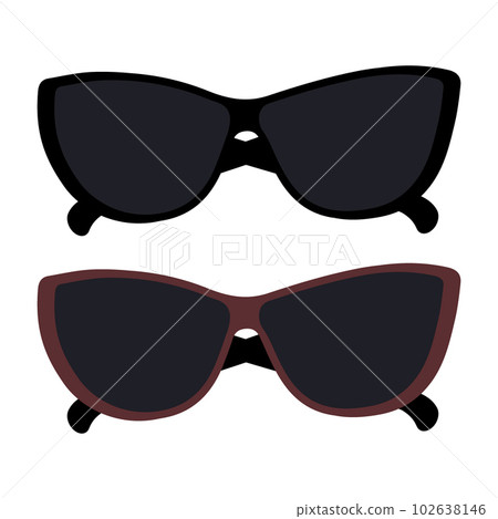 Set of 2 stylized sunglasses with dark lenses in black and brown frame. Summertime. Sunglasses day. 102638146