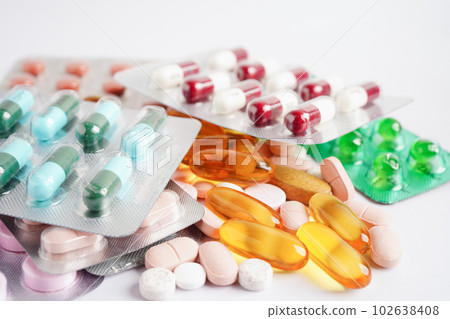 Drug capsule pill from drug prescription in drugstore, pharmacy for treatment health medicine. 102638408