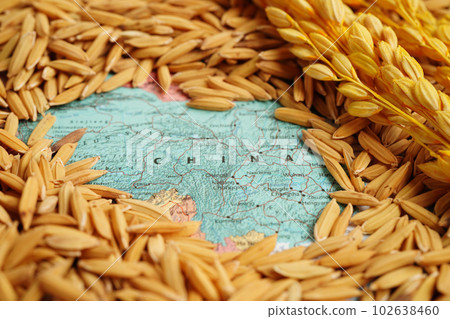 Bangkok, Thailand March 12, 2023 China map with grain rice from agriculture farm. Law and justice court concept. Bangkok, Thailand March 12, 2023 China map with grain rice from agriculture farm. Law and justice court concept. 102638460